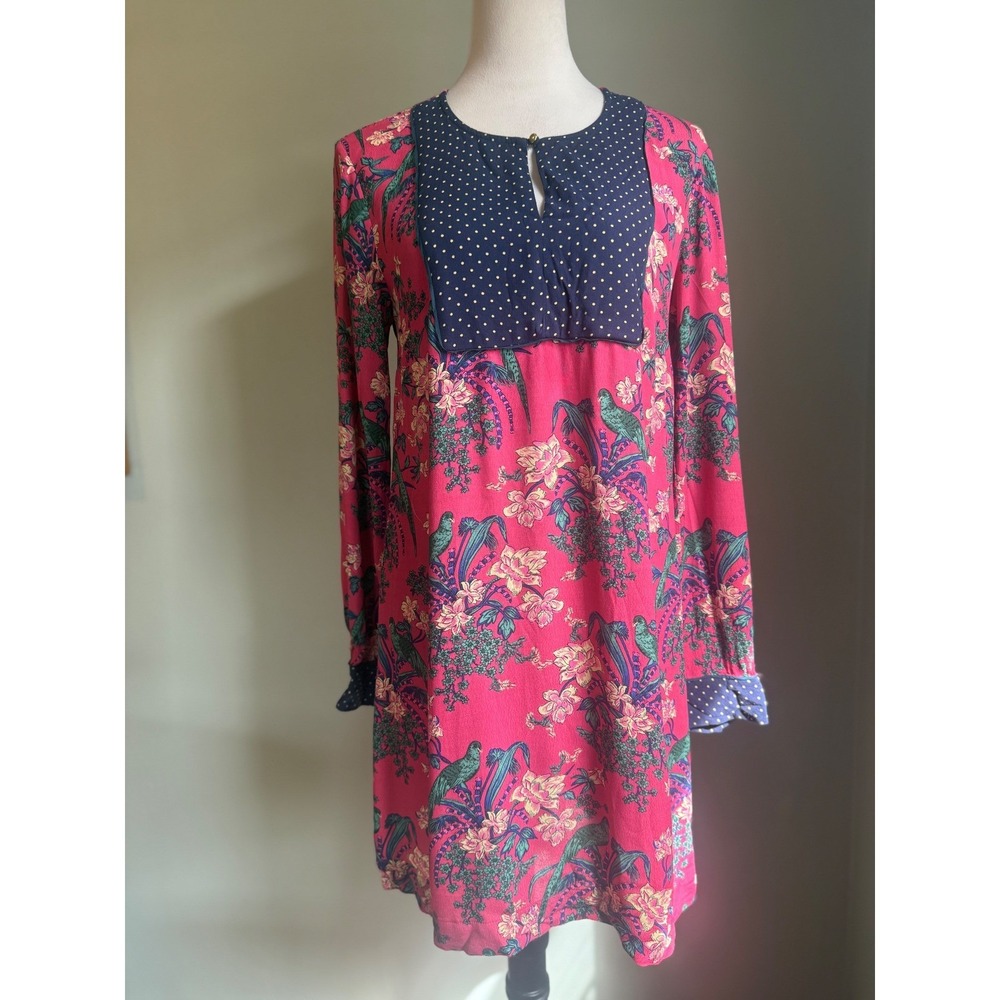 Maeve Anthropologie Pink Bird Floral Polka Dot  Dress Long Sleeve 6 boho‎ preppy